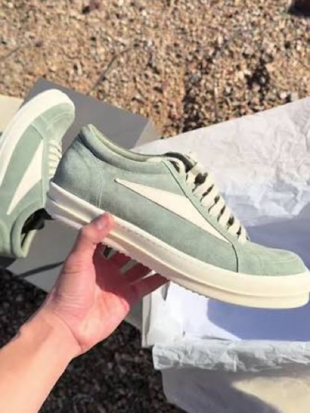 Rick Owens Sage Green and Cream Suede Sneakers
